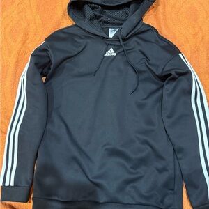 Adidas Women’s long length Black Hoodie with White Sleeve Stripes